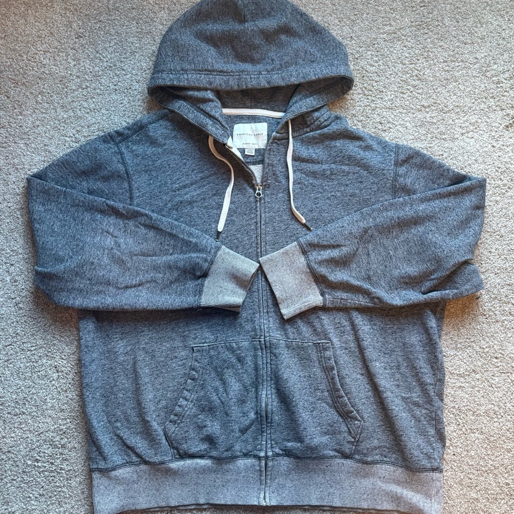American Eagle Heathered Grey Full Zip Super Soft Hoodie Mens XXL EUC